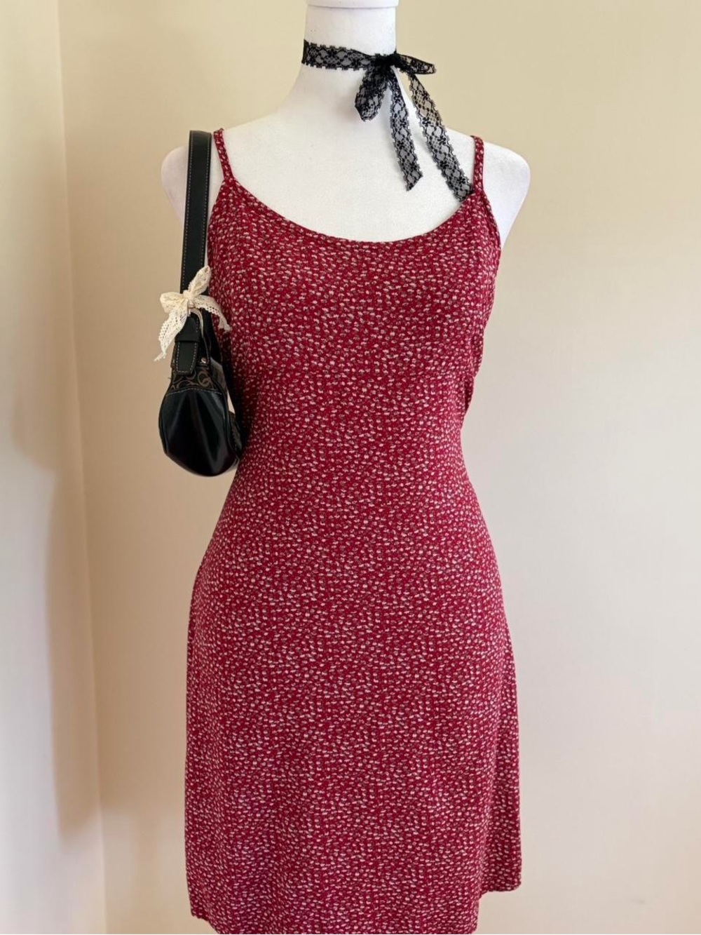 Brandy Melville red floral mini dress tie back euro coquette summer babydoll S